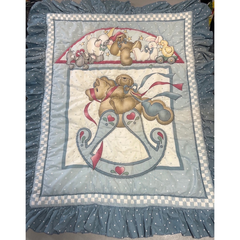 Vintage Daisy Kingdom Rock Along Bear Crib Quilt Bumper Headboard Pad Set Blue